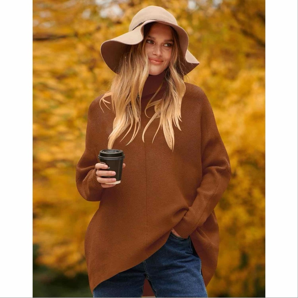 ANRABESS‎ Oversized Turtleneck Cozy Baggy Knit Pullover Large Caramel Brown Fall